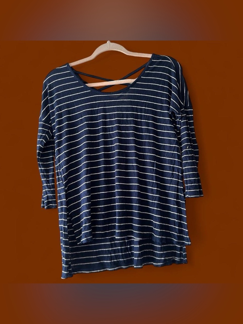 Pink Rose Navy & White Striped Long Sleeve Crisscross Back Top